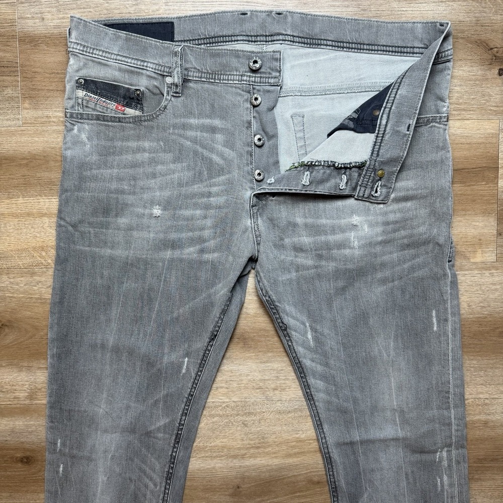 Diesel Tepphar Jeans Men 34x32 Gray Slim Carrot Stretch Distressed Whiskered - Picture 2 of 16